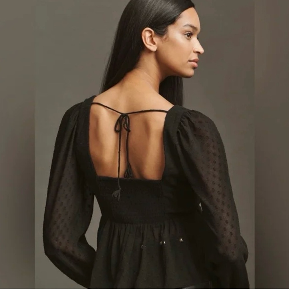 By Anthropologie Peplum Blouse Black V-Neck Top - Picture 2 of 8
